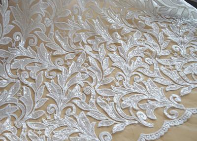 China Scalloped Edge White Sequin Mesh Fabric For Party Gown Rich Leaves Design for sale