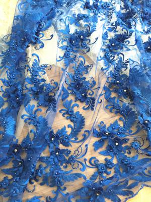China 3D Rhinestone Beaded Tulle Fabric , Embroidered Royal Blue Lace Fabric For Bridal Gown for sale