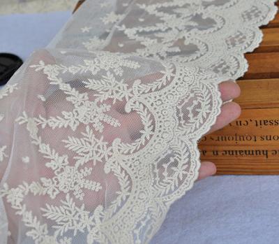 China Beige Floral Embroidery Mesh Lace Ribbon Trim , Cotton Nylon Tulle Lace Trim for sale