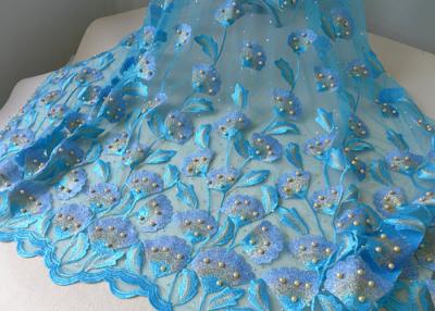 China Luxurious Embroidery Ice Blue Beaded Lace Fabric With Ginkgo Leaf Gold Pearl for sale