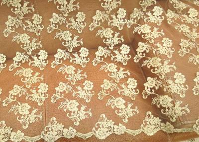 China Gold Retro Scalloped Corded Lace Fabric , Polyester Embroidered Floral Tulle Fabric for sale