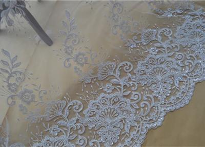 China Floral Embroidery Corded Lace Fabric , Bridal Sequin Mesh Fabric With Scalloped Edge for sale