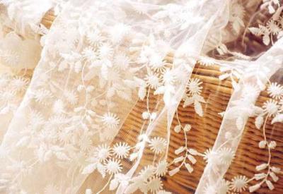 China White Flower Embroidered Nylon Mesh Lace Fabric , Wedding Bridal Dress Lace Fabric for sale