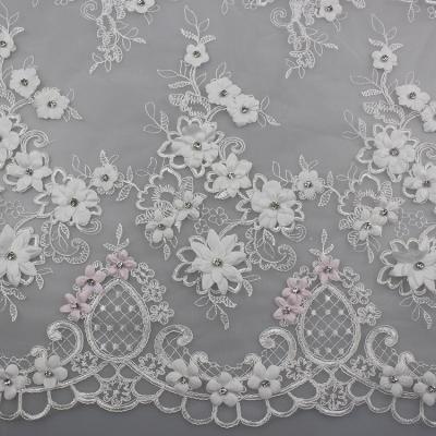 China 3D Flower Beaded Lace Fabric , Embroidery Lace Tulle Fabric For Bridal Dresses for sale