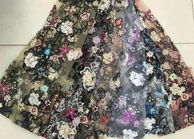 China Multi Color Embroidered 3D Flower Lace Fabric / Fabric , Bead Lace Tulle For Dress for sale