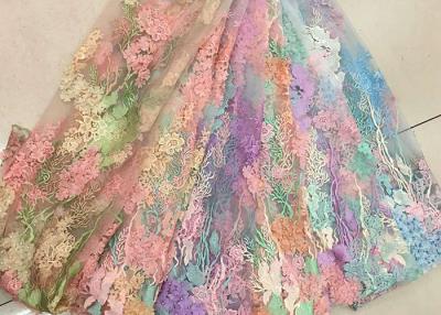 China 3D Beaded Lace Fabric , Scalloped Multi Color Floral Embroidered Fabric For Skirt for sale