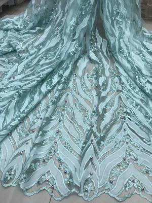China Beaded Embroidered Lace Fabric , 3D Flower Lace Mesh Fabrics For Evening Gowns for sale