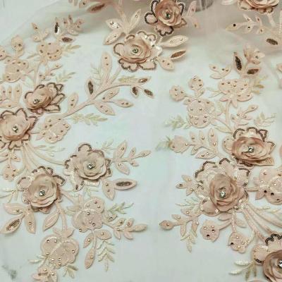 China 3D Flower Embroidered Lace Fabric , Sequin Lace Mesh Fabrics For Fashion Dresses for sale