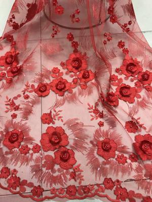 China Red 3D Flower Embroidered Tulle Lace Fabric / Wedding Dresses Sequins Beaded Lace for sale