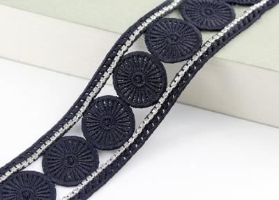 China Custom Ribbon Black Embroidered Lace Trim With Rhinestone / Embroidered Bridal Lace for sale