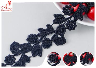 China Black Floral Embroidery Edging Lace Trim Via Water Soluble With High Color Fastness Dye for sale