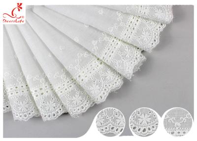 China White Cotton Lace Fabric / Eyelet Lace Trim Ribbon With Floral Lace Scalloped Edge DTM Color Dyeing for sale