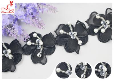 China Black 3D Flower Embroidered Lace Trim With Beaded Azo Free Dyeing Pass OEKO TEX for sale