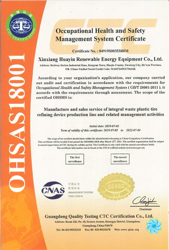 Occupational Health and Safety Management System Certificate - Xinxiang HUAYIN Renewable Energy Equipment Co., Ltd