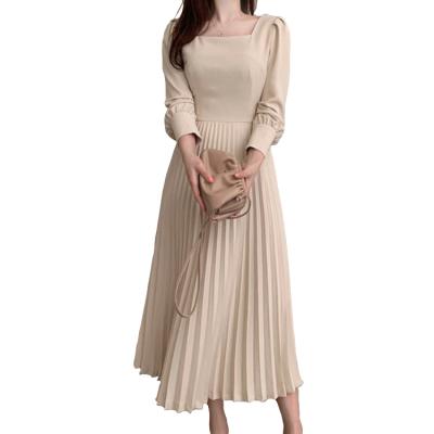 China Factory price anti-static solid color pleated elegant lady dress summer dress women casual dress for sale