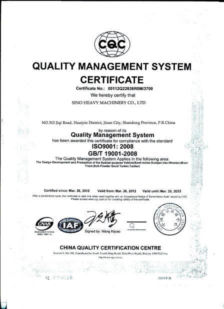 ISO9001 QUALITY MANAGEMENT SYETEM CERTIFICATE - SINO VEHICLE & EQUIPMENT COMPANY LTD
