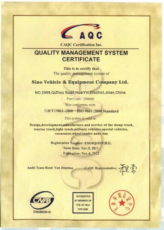 ISO9001 QUALITY MANAGEMENT SYSTEM CERTIFICATE - SINO VEHICLE & EQUIPMENT COMPANY LTD