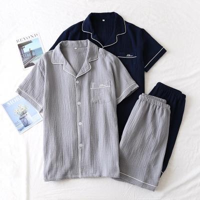 China Custom Solid Color Crepe Cotton Short Sleeve Shirt Shorts Men's Pajamas Breathable Pajamas Couples Sleepwear for sale