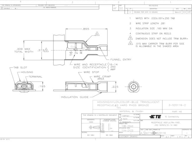 TE Connectivity 3-520116-2 Ultra-Fast 250 Blue Insulated Female Spade Connector