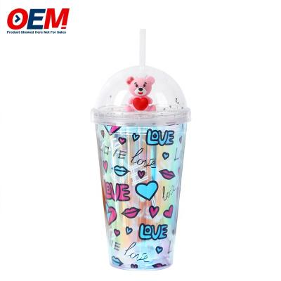 China PP Double Wall Cup With Straw 450ml Plastic Cup  Cute Bear Water Cup for sale