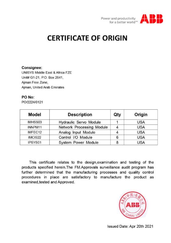 ABB Certificate Of Origin - Sumset International Trading Co.,Ltd