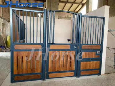 China Bamboo Pine Internal Black Powder Coated Metal Horse Stable Stall With Swing Door for sale