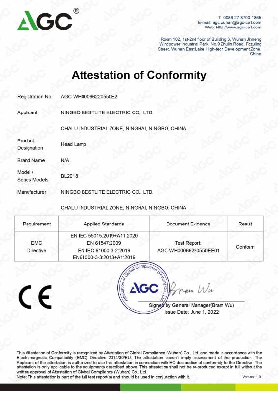 CE-EMC Attestation - Ningbo Bestlite Electric Co., Ltd