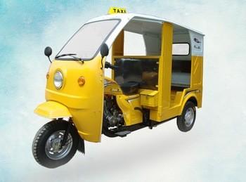 China Benzin-Treibstoff-Passagier-Bewegungsdreirad mit dem Fahrerhaus und Eisen-Dach, gelb zu verkaufen