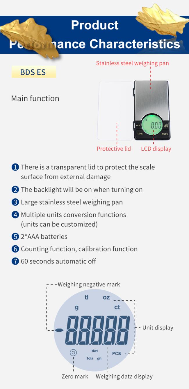 BDS-ES High precision Gold jewelry gram scale,Digital pocket Scale 500g*0.01,Portable Kitchen digital scale with Lcd display