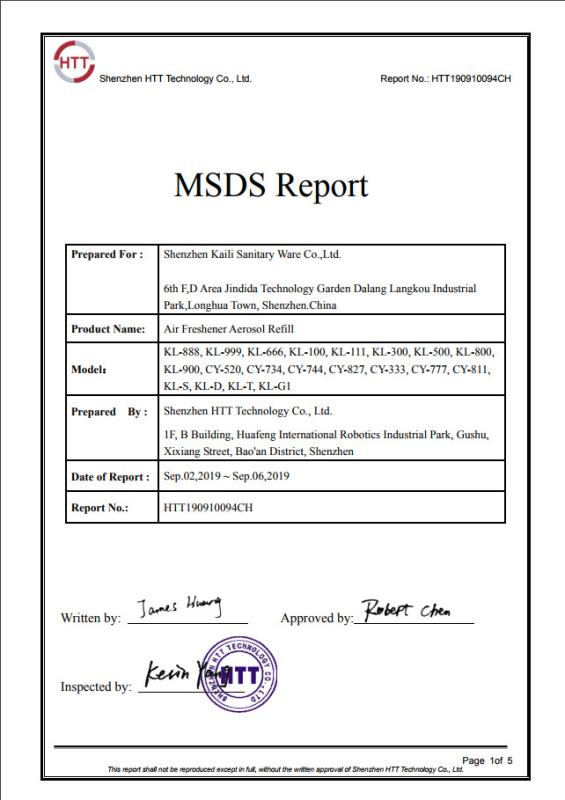 MSDS Report - Dongguan KWS Hygiene Industrial  Co.,Ltd