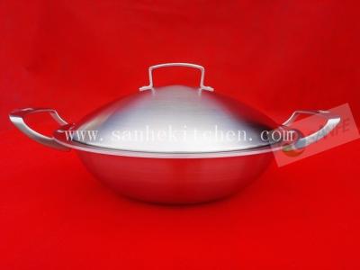 China Stainless steel wok,thickness 2.5mm with cast iron handle for sale