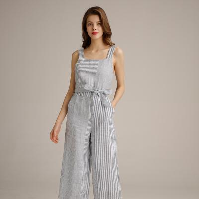 China Irregular Blue Pattern Striped Women Jumpsuit With Self Fabric Belt for sale