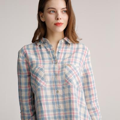 China Standard Fit 100% Linen Ladies Long Sleeve Tops Xs-Xxxl Women'S Checked Shirt ODM for sale