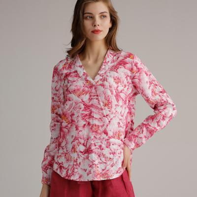China Camisa de manga larga tejida teñida hilado con cuello de pico de lino estándar de la blusa del ajuste para mujer en venta
