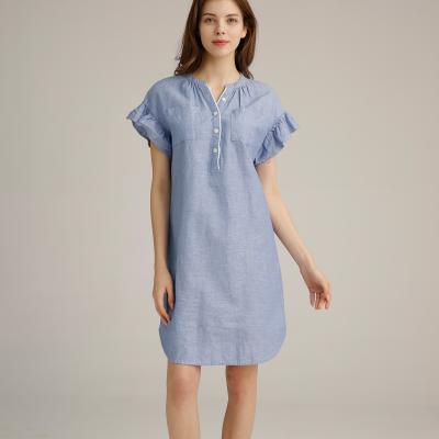 中国 固体デニムの青いフリルの袖のリネン服M L Sの夏の綿の服 販売のため