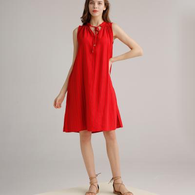 China Vestidos de lino casuales para mujer de la viscosa rayada sin mangas del 45% con cuello de pico con Pullstring en venta