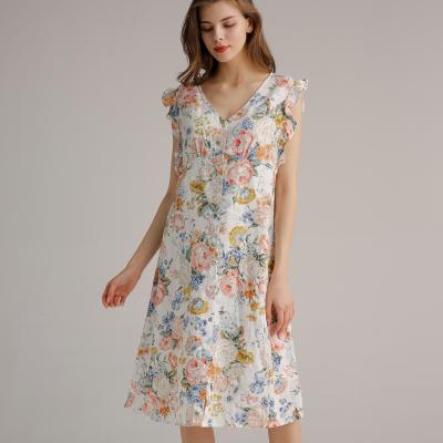 China El placket abierto tejido vestido de lino con cuello de pico de la impresión floral rizó el vestido corto de la manga en venta
