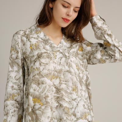 China Luva longa blusa de linho impressa floral tecida com colar do decote em V à venda