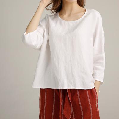China White 45% Rayon Ladies Casual Tops Cuffed Sleeves Linen Round Neck Shirt for sale