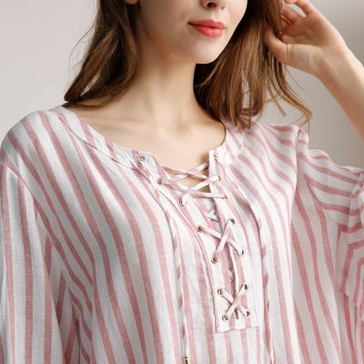 China Light Pink 3/4 Sleeve Ladies Casual Tops Women'S Vertical Striped Blouse With Cowl Cross for sale