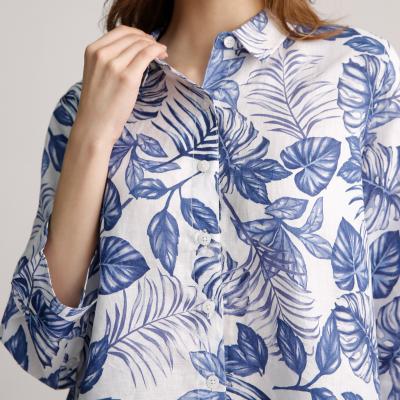 China Camisa de linho colocada um colar da mistura da luva longa do algodão da blusa 45% das mulheres de pouco peso à venda