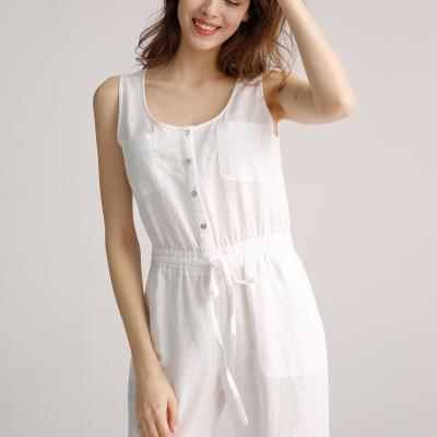 China 100% Linen Button Down Jumpsuit Sleeveless Drawstring Waist Ladies Romper for sale