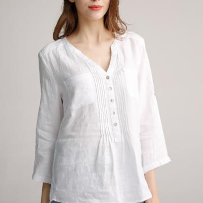 China Chest Pockets Ivory Womens Casual Linen Shirts Loose Bracelet Sleeve Top for sale