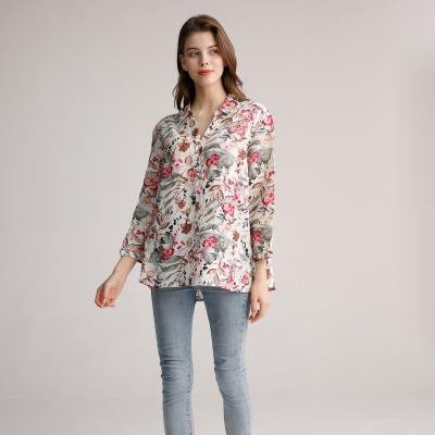 China Woven Shirt Neckline Ladies Casual Tops S M L Flower Print Shirt Womens for sale