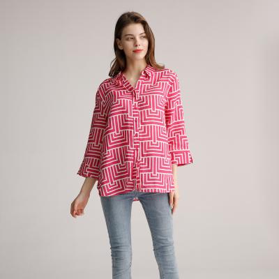 China Maze Pattern Ladies Casual Tops Plus Size Button Down Blouses For Spring Autumn for sale
