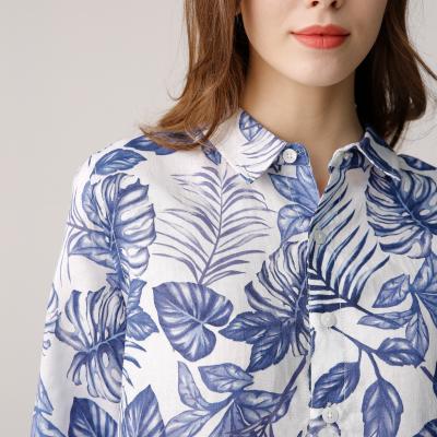 China Standard Fit Floral Ladies Casual Tops Back Yoke Open Neck Blouse for sale