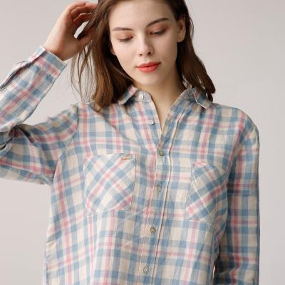 China Lightweight Plaid Womens Casual Linen Shirts With Double Chest Pockets for sale