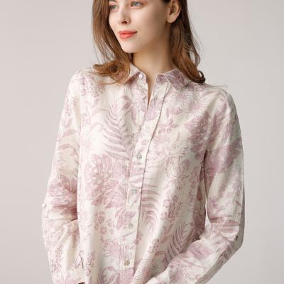 China Light Pink Ladies Casual Linen Tops Open Placket Long Sleeve With Rolled Tab Cuff for sale