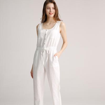China White Womens Casual Linen Pants Sleeveless Jumpsuit ODM With Waist Drawstring for sale