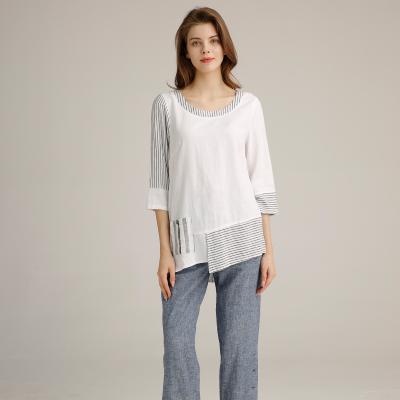 China Splicing Cloth Casual Linen Clothing Back Pleated Round Neck Long Tops For Ladies for sale